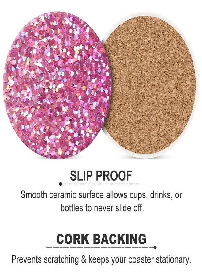 ZHIZHEND Pink Glitter Drink Absorbent Coaster,Cool Deisgn Ceramic Drink Coaster with Cork Base,Housewarming Gifts,Tabletop Protection Suitable for Kinds of Cups(Pack of 4) - Image 2